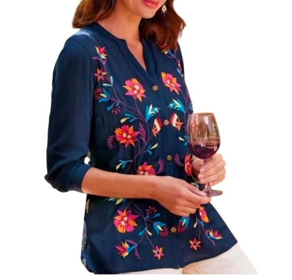 Soft Surroundings Womens Button Front Tunic Top Boho Embroidered Crinkle Medium